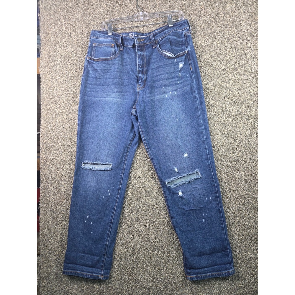 No Boundaries Mom Jeans Womens 17 Blue Distressed Paint Splatter High Rise